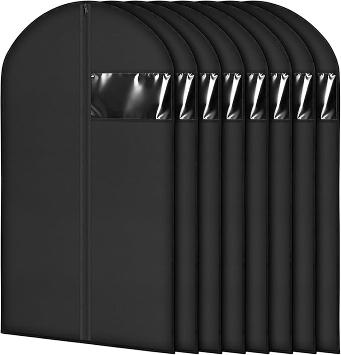 8 Pack Garment Bags for Hanging Clothes, 40 inch Washable Suit Bags for Closet Storage and Travel with Clear Window, Garment Bag for Travel and Storage, Black