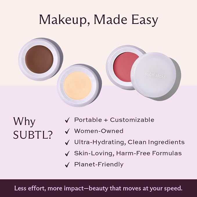 Subtl 3-in-1 Makeup Stack – Cream Bronzer, Powder Highlighter & Lip Glaze for On-the-Go Touch Ups – Lightweight, Travel-Friendly, Blendable Balm (Dark/Truffle)