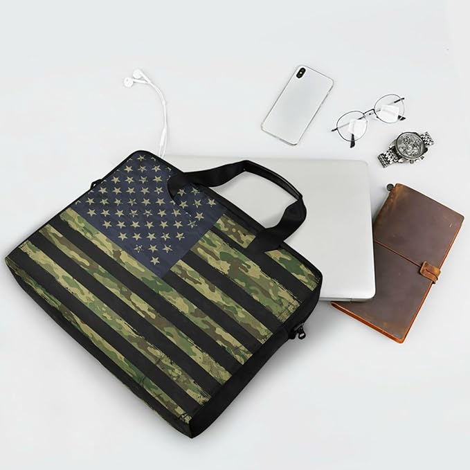 American Flag with Camouflage Grunge Laptop Bag Case 13 14 15.6 inch Laptop Messenger Bag Crossbody Briefcase for Men Women with Shoulder Strap Handle
