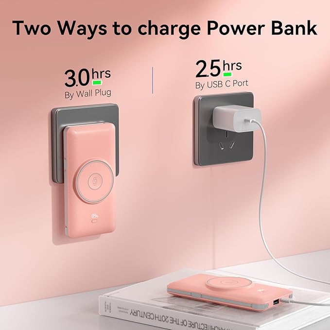 Magnetic 10000mAh Portable Charger for iWatch & iPhone, PD Fast Charging Wireless Power Bank Built-in Cables and Wall Plug, External Travel Battery Pack Compatible with iOS Android Phones