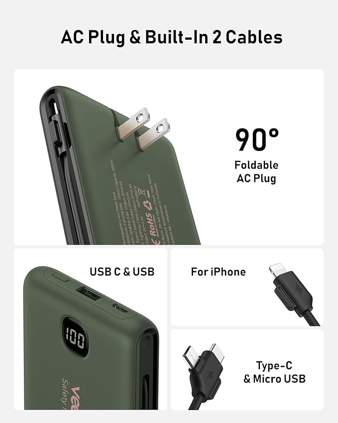 Portable Charger Power Bank Built in Cables and Wall Plug, 10000mAh iPhone Battery Pack Fast Charging, USB C External Slim Power Bank, Travel Essentials Compatible with iPhone 17 16 15 14 iPad, Green