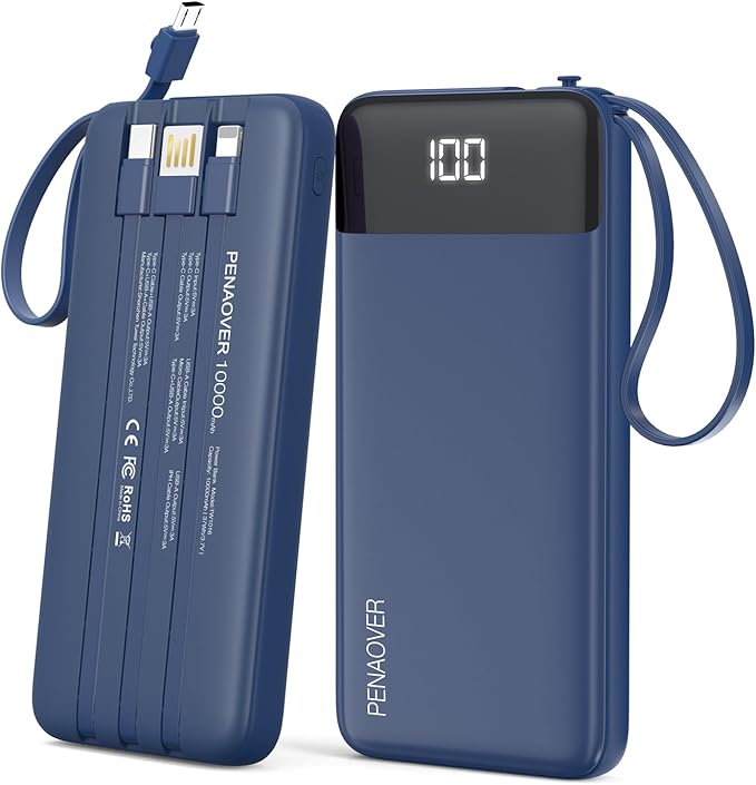 Portable Charger Built-in Cables,10000mAh Power Bank for iPhone,Fast Charge USB C Battery Pack Travel Essentials Slim Lightweight Powerbank Compatible with iPhone 17/16/15/14, Samsung, Android, etc