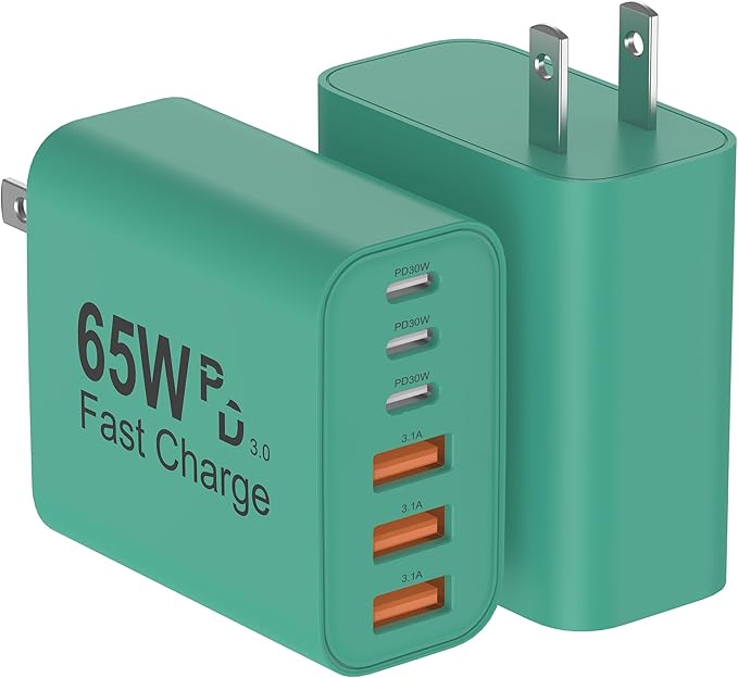 USB C Charger Block, 2-Pack 65W 6-Port USB C Wall Charger iPhone Charger Fast Charging PD Power Adapter+QC Wall Plug Multiport Type C Brick Chargers for iPhone 17 16 15 14 13 12 11 Pro Max XS,Green