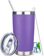 20 oz Tumbler with Lids and Straws, Stainless Steel Insulated Travel Coffee Mug, Double Wall Vacuum Insulated Tumblers, Powder Coated Coffee Tumbler for Cold & Hot Drinks (Purple)