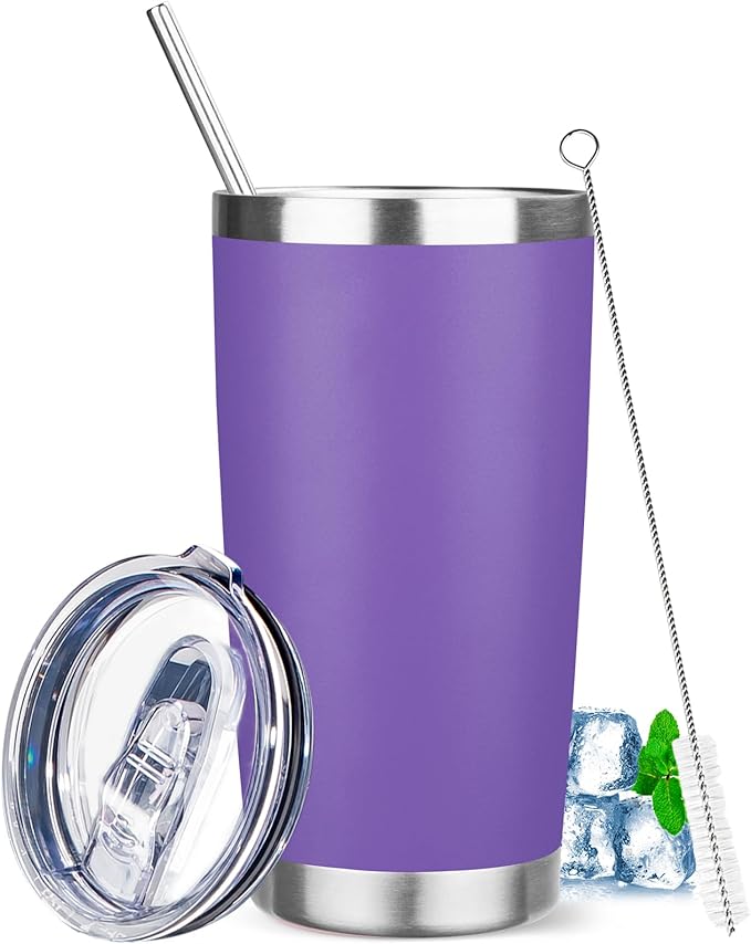 20 oz Tumbler with Lids and Straws, Stainless Steel Insulated Travel Coffee Mug, Double Wall Vacuum Insulated Tumblers, Powder Coated Coffee Tumbler for Cold & Hot Drinks (Purple)