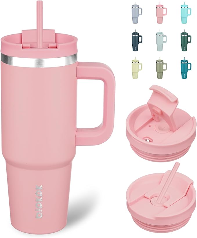 BJPKPK 30oz Stainless Steel Insulated Tumbler With Handle And Lid Straw Travel Coffee Mug Thermal Cup,Light Pink