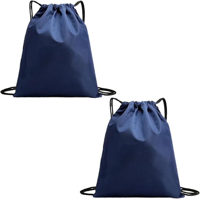 2-Pack Waterproof Drawstring Backpacks, Soccer-Texture Oxford Fabric, 16.9" × 13.8", Lightweight 0.19 lb Each, No Eyelets, Gym & Marathon Gear Sacks(Navy Blue)