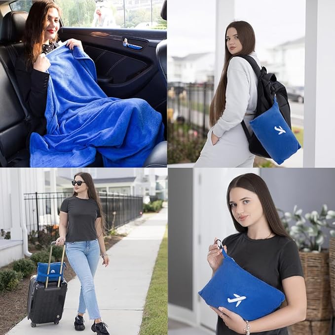 BlueHills Soft Travel Blankets Mini Value Pack Set of 2 - Premium Airplane Travel Essential Flight Blanket Throw in a case with Strap Compact for Car Plane Travel Gift – Pink and Royal Blue.