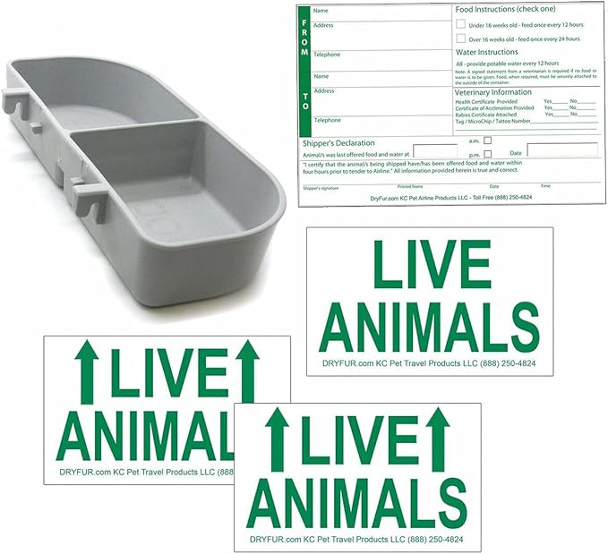 Kennel Travel Kit for Pets - Hook-On Dish & Live Animal Labels (Medium)