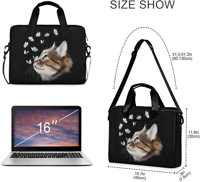 Cute Kitty Cat with Butterfly Laptop Bag Case 13 14 15.6 inch Laptop Messenger Bag Crossbody Briefcase for Men Women with Shoulder Strap Handle