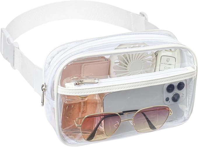 Packism Clear Fanny Pack Stadium Approved - Plus Size 35-51 inches Adjustable Strap Clear Belt Bag for Women Men Transparent Waist Bag for Concerts, Sporting Events, White