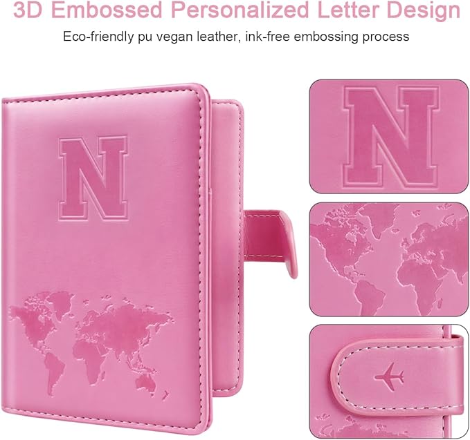 Passport Holder Cover Initail Letter A-Z Travel Wallet Embossed Design RFID Blocking Card Holder Personalized Gift Passport Cover Wallet, Passport Book Holders for Women and Girls, Pink-N