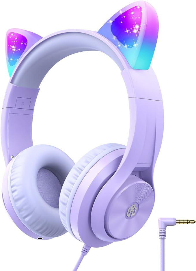 iClever Kids Headphones with Cat Ear Led Light Up, Safe Volume Limite Wired Headphones with FunShare Foldable Over-Ear Headphones for Kids/School/iPad/Tablet/Travel, Meow Donut-Purple