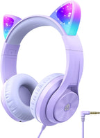 iClever Kids Headphones with Cat Ear Led Light Up, Safe Volume Limite Wired Headphones with FunShare Foldable Over-Ear Headphones for Kids/School/iPad/Tablet/Travel, Meow Donut-Purple