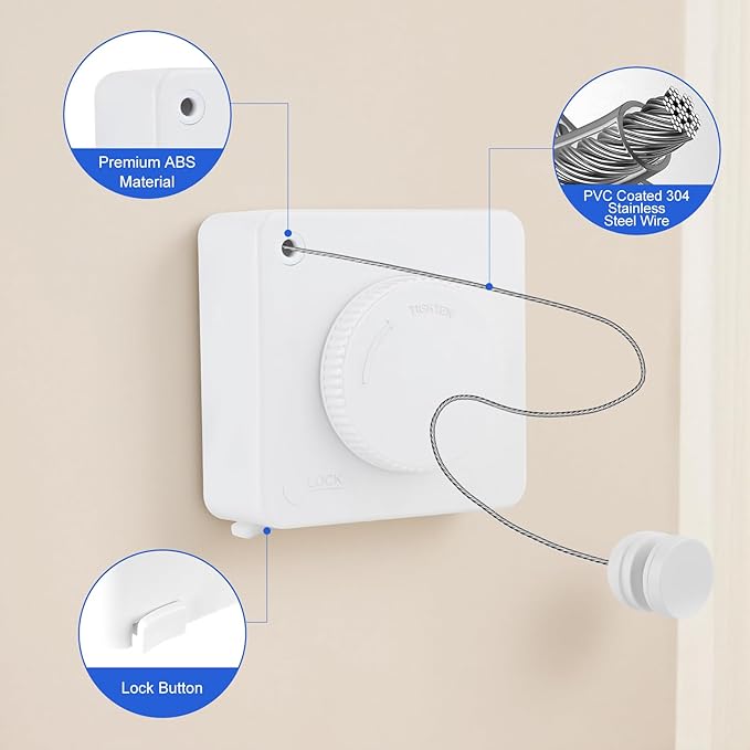 15.7Ft Retractable Clothesline Indoor Outdoor is Also an Anti-sag Clothes line for Indoors, Stainless Steel Wire Retractable Laundry Line for Drying Clothes, with 10 Windproof Clips (White)