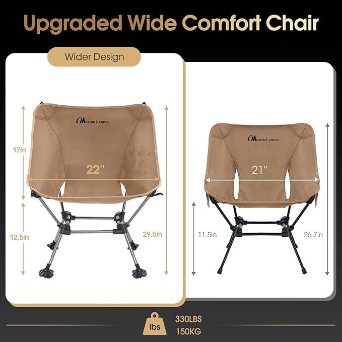 MOON LENCE Camping Chair Plus, Upgraded Comfort & Size, Still Compact and Lightweight, Folding Portable Chair for Backpacking & Hiking, 400Lbs Capacity, Gen 3 Plus (Khaki)