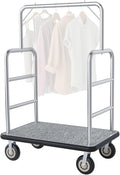 Hotel Luggage Cart, Brushed Stainless Steel Finish Bellman's Cart, Valet Cart with Grey Carpeted Deck and 8‘’ Rubber Wheels, Ideal for Hotels, Condos, Resorts, 1300Lbs Load (Silver, 42''L x 70''H)