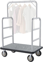 Hotel Luggage Cart, Brushed Stainless Steel Finish Bellman's Cart, Valet Cart with Grey Carpeted Deck and 8‘’ Rubber Wheels, Ideal for Hotels, Condos, Resorts, 1300Lbs Load (Silver, 42''L x 70''H)