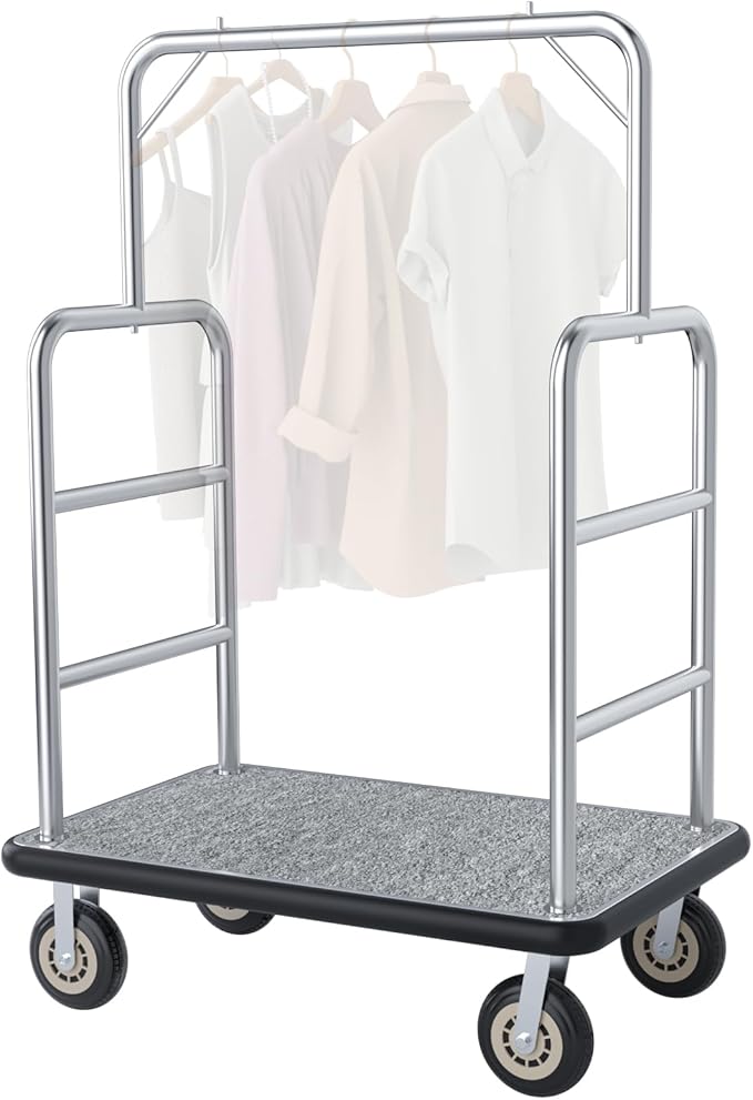 Hotel Luggage Cart, Brushed Stainless Steel Finish Bellman's Cart, Valet Cart with Grey Carpeted Deck and 8‘’ Rubber Wheels, Ideal for Hotels, Condos, Resorts, 1300Lbs Load (Silver, 42''L x 70''H)