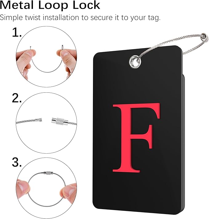 Gostwo 2 Pack Luggage Tags for Suitcases, 26 Initial Letter Travel Luggage Baggage Identification Labels ID Tag Fully Bendable Tags with Stainless Steel Loop (Black) (Letter F)