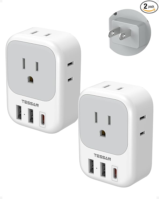 TESSAN 2 Prong to 3 Prong Outlet Adapter 2 Pack, US to Japan Plug Adapter with 4 Outlets 3 USB (1 USB C PD 20W), Outlet Adaptor US to Japan China Mexico Philippines Canada Peru Thailand Vietnam