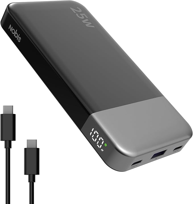 NOBIS Portable Charger, 10000mAh Power Bank Fast Charging, Battery Pack with C to C Cable, Battery Bank with Digital Display for iPhone iPad Android etc