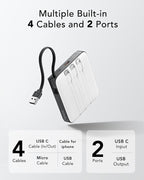 VRURC 20000mAh Portable Charger with Built-in Cables, 22.5W Fast Charging Power Bank, USB C Battery Pack Travel Essentials for iPhone 17 16 15 14 13, Samsung Galaxy S26 S25, LED Display, White