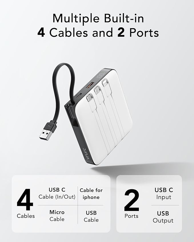 VRURC 20000mAh Portable Charger with Built-in Cables, 22.5W Fast Charging Power Bank, USB C Battery Pack Travel Essentials for iPhone 17 16 15 14 13, Samsung Galaxy S26 S25, LED Display, White