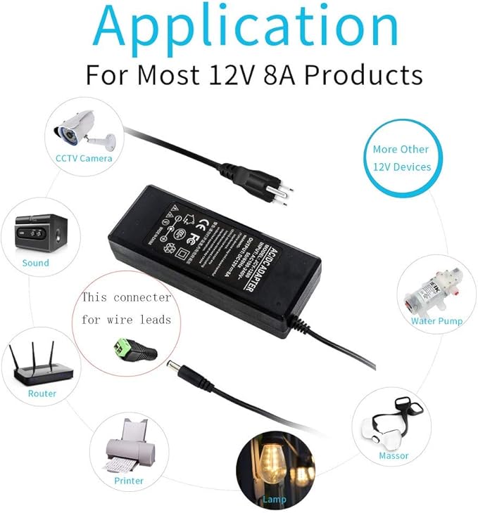 12V 8A 96W Power Supply Adapter AC to DC Converter Charger AC 110V ~ 240V to DC 12V 8Amp Transformer for Water Pump, CCTV, Computer Project