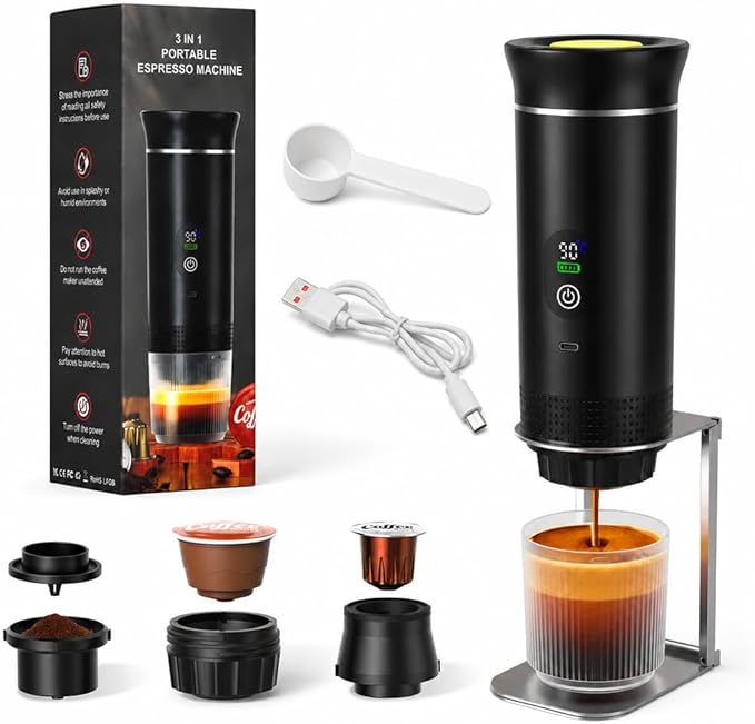 Portable Espresso Maker and Metal Stand Set, Self-Heating Travel Coffee Machine, Rechargeable Coffee Maker with Digital Display, 3-in-1 for Ground Coffee & Capsules, Camping RV Office