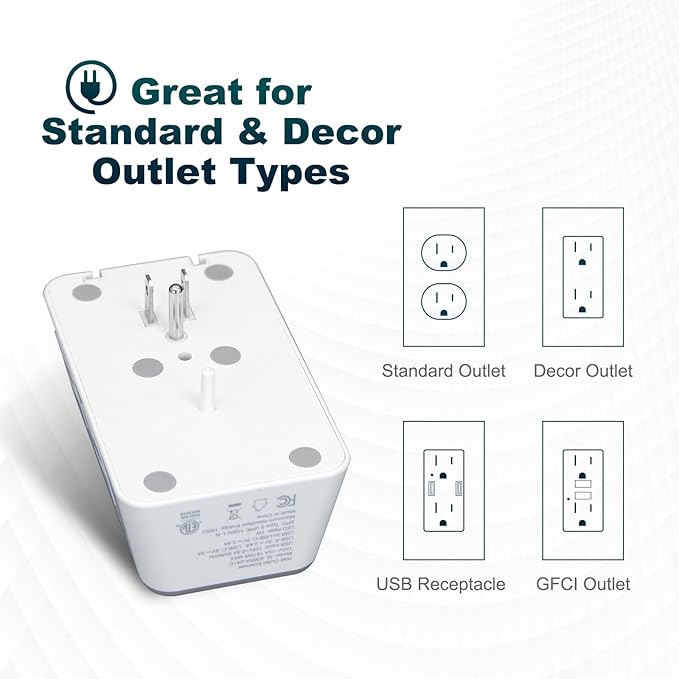 Outlet Extender with Night Light, Surge Protector Wall Mount with 6 AC Outlets and 3 USB Ports (1 USB C), Multi Plug Outlet Splitter, Dorm Room Essentials for Home, Office, Travel, FCC Listed