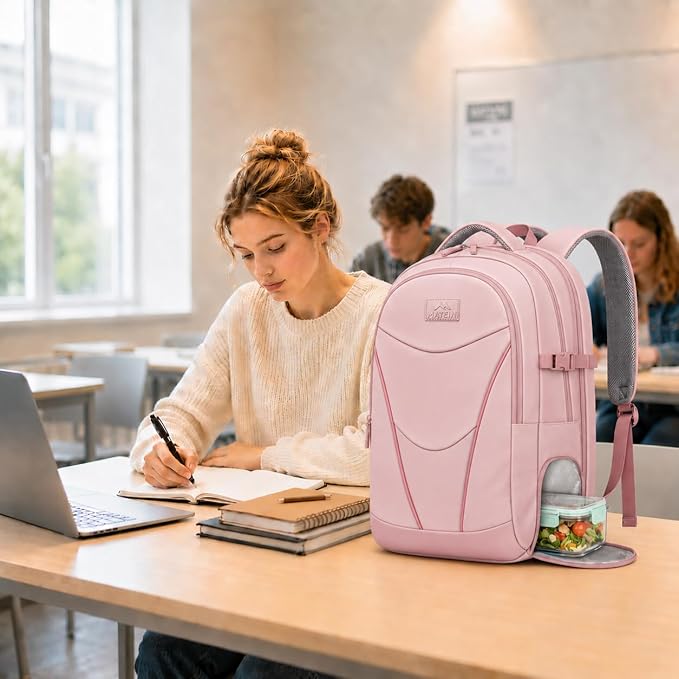 MATEIN HER Laptop Work Backpack with Lunch Compartment for Women, Water Resistant Work Backpack for Office Commute with RFID Pocket, Teacher Nurse College School Bag Fits up to 17 inch Computer, Pink
