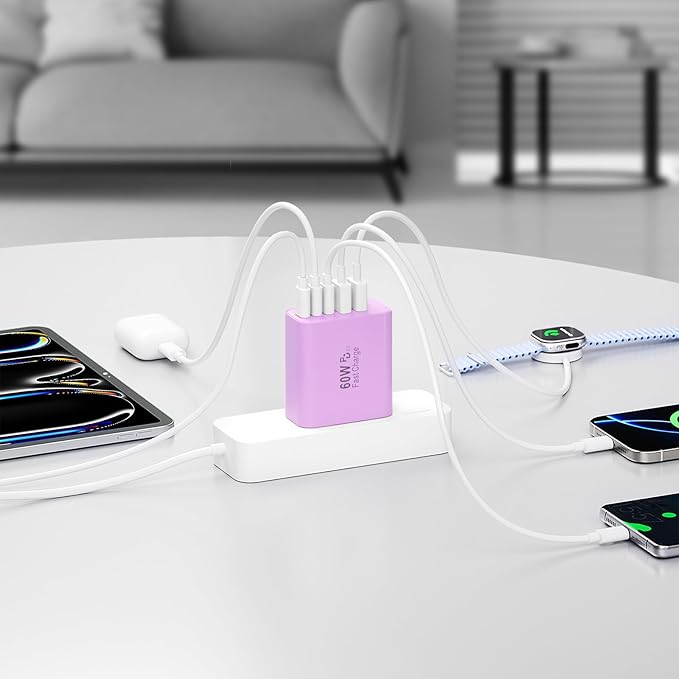 USB C Charger Block, 60W 5-Port Type C Charger Fast Charging Block, USBC USB Multiple Port Wall Charger Plug Adapter for iPhone 17/Air/16/15/14/13/12/11 Pro Max, Samsung Galaxy, iPad, Tablet (Purple)