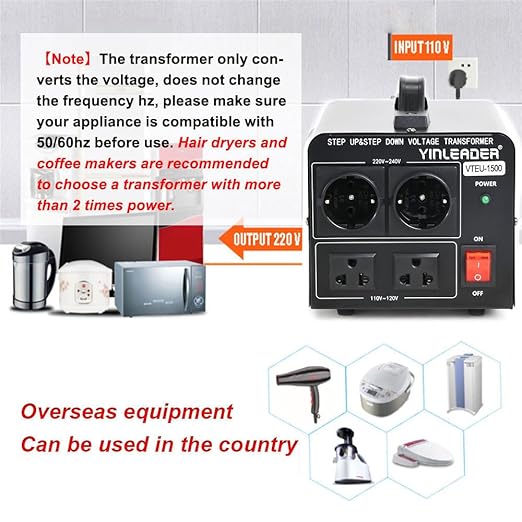 Yinleader 110V to 220V Voltage Converter Transformer Step Up/Down 120V to 240V with 2 US&2 EU Outlets 1500W [110V US Power Cord Included Only, No 220V Cord]