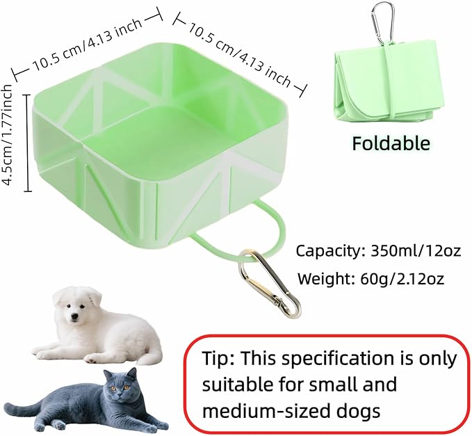 Cute Collapsible Silicone Dog Bowl with Carabiner - Portable Travel Pet Food & Water Dish for Walking, Hiking, Camping - Folds to Key Size, 350ml (Mint Green)
