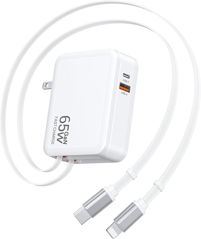 Retractable USB C Charger Wall Plug with Type C Cables Cords,65W Fast Charging Foldable Block Multi Charger,Travel Essentials Brick Multiport for Mac Book Pro/Air,iPhone 17/16/15/14,iPad,Galaxy(1Pack)
