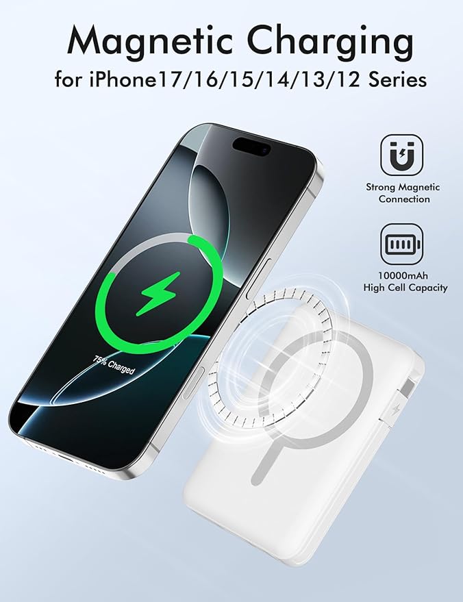 podoru for Magsafe Battery Pack, 10000mAh Magnetic Power Bank Built-in Double USB C Cables 20W PD Fast Charging LED Display Wireless Portable Charger for iPhone 17/16/15/14/13/12 Series-White