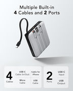 VRURC Portable Charger with Built-in Cable, 10000mAh 22.5W Fast Charging USB C Battery Pack, Cell Phone Power Bank for iPhone 17 16 15 Series Android Tablet (Grey)
