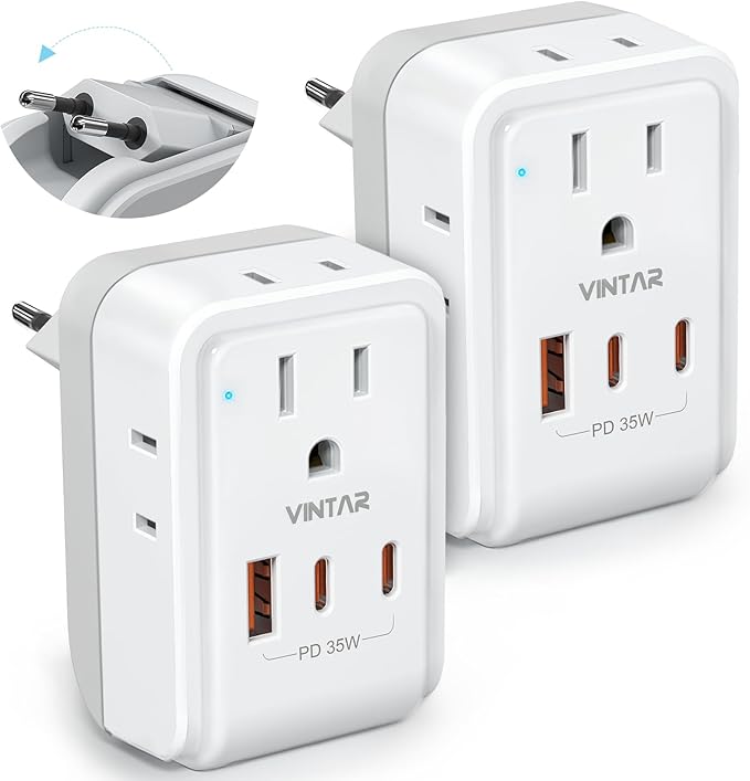 2 Pack European Travel Plug Adapter, VINTAR PD 35W Foldable Type C Adapter with 4 AC Outlets 3 USB Ports(2 USB C), Travel Essentials Charger for US to Most of Europe EU Italy Spain France
