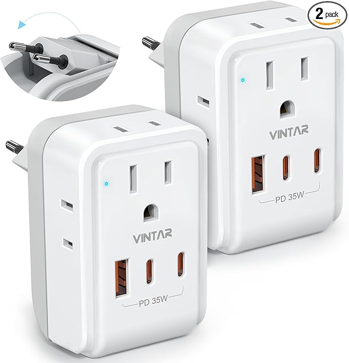 2 Pack European Travel Plug Adapter, VINTAR PD 35W Foldable Europe Power Adapter with 4 AC Outlets 3 USB Ports(2 USB C), Type C Adaptor for US to Most of Europe EU Italy Spain France Germany