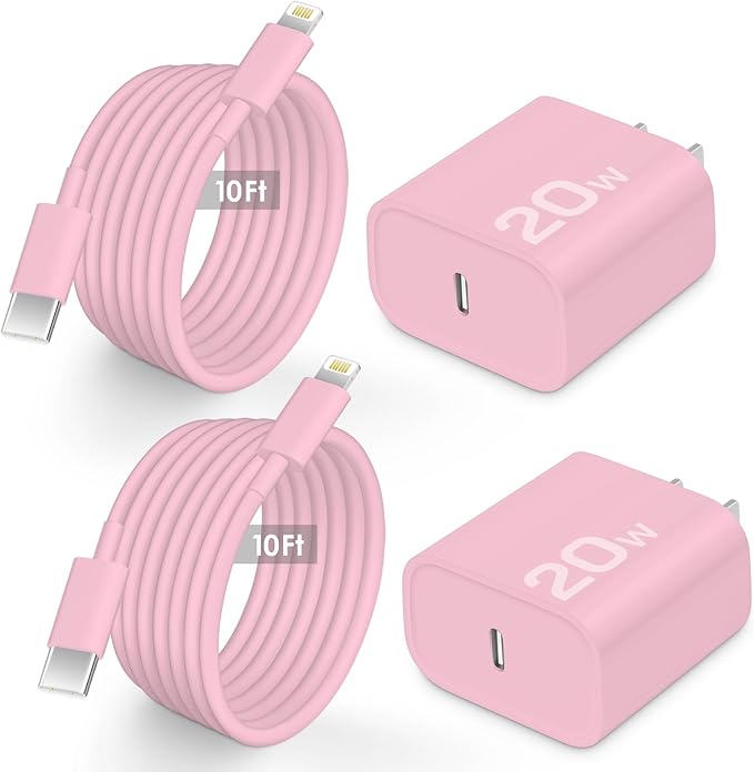 AISNI Fast Charger Block for iPhone 14 13 Fast Charging with 10 Foot Fast Charging Cable,MFi-Certified, 20W PD USB C i-Phone Charger 10 ft Compatible with iP14 Plus/14/13/12/11 Pro Max (2-Pack Pink)