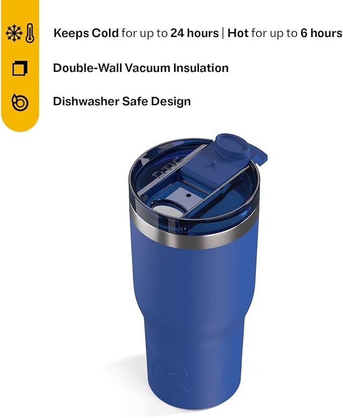 RTIC 20oz Essential Tumbler with Lid, Ceramic Lined, Insulated, Stainless Steel, Metal, Double Wall Vacuum-Insulation, Travel Cup for Iced Coffee, Tea, Hot and Cold Drink, Cobalt