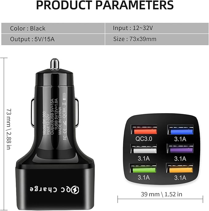 Amiss Car Charger Adapter, 6 USB Multi Port, Fast Charger, Include QC 3.0 and 5 Other Ports, Car Interior Accessories, Fit for iPhone 17/16/15/14/13Pro Max, Samsung, Android (Bright Black)