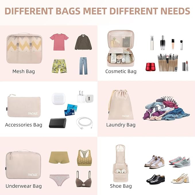 BAGAIL 8 Set Packing Cubes Luggage Packing Organizers for Travel Accessories-Cream