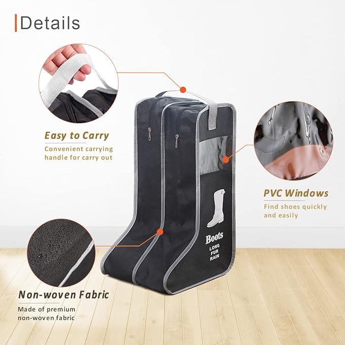2 Pack Portable Boots Storage Bag, Black Shoe Bags for Storage and Travel Dust Proof Travel Shoe Bags for Packing (Large)