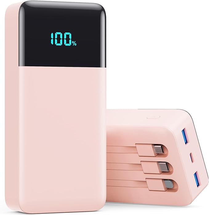 Portable Charger 50800mAh Power Bank with 3 Built in Cables,25W PD QC4.0 Fast Charging USB C Battery Pack,6 Outputs 2 Inputs Travel Essentials Phone Charger for iPhone 17/16/15,Google,Android,Pink