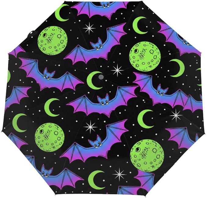 Windproof Compact Umbrellas for Rain - Neon Bat Moon Halloween Portable Lightweight Automatic Reverse Folding Umbrellas - Auto Open Close Cute Small Umbrella for Commute, Car, Backpack, Purse