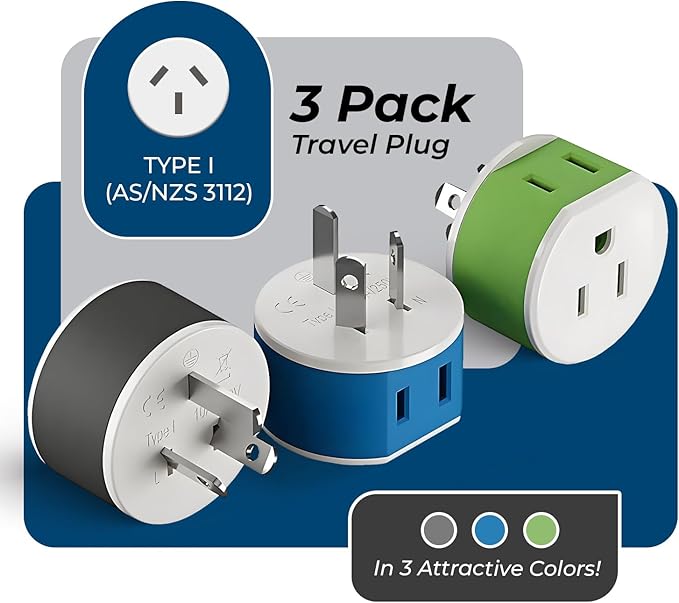 OREI Australia, New Zealand, China Power Plug Adapter with 2 USA Inputs - Travel 3 Pack - Type I (US-16) Safe Grounded Use with Cell Phones, Laptop, Camera Chargers, CPAP, and More