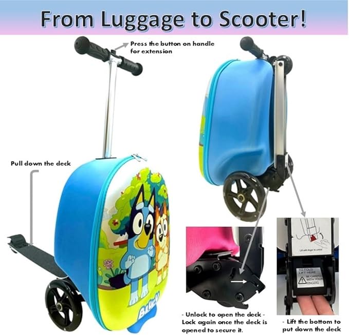 Fast Forward Bluey 18" Ride-On Suitcase Scooter - Lightweight Carry-On Foldable Scooter Luggage