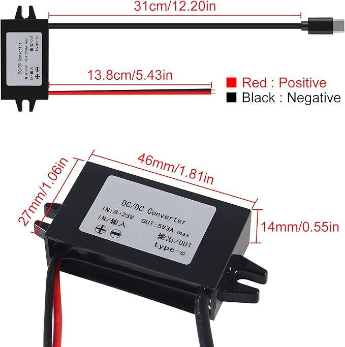 2pcs DC 12V/24V to 5V USB C Buck Converter 3A 15W Step Down Converter Voltage Regulator Waterproof Power Adapter for Raspberry Pi 4 Cellphone Car